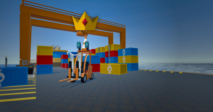 Forklift standing with a crown in front of containers and a crane